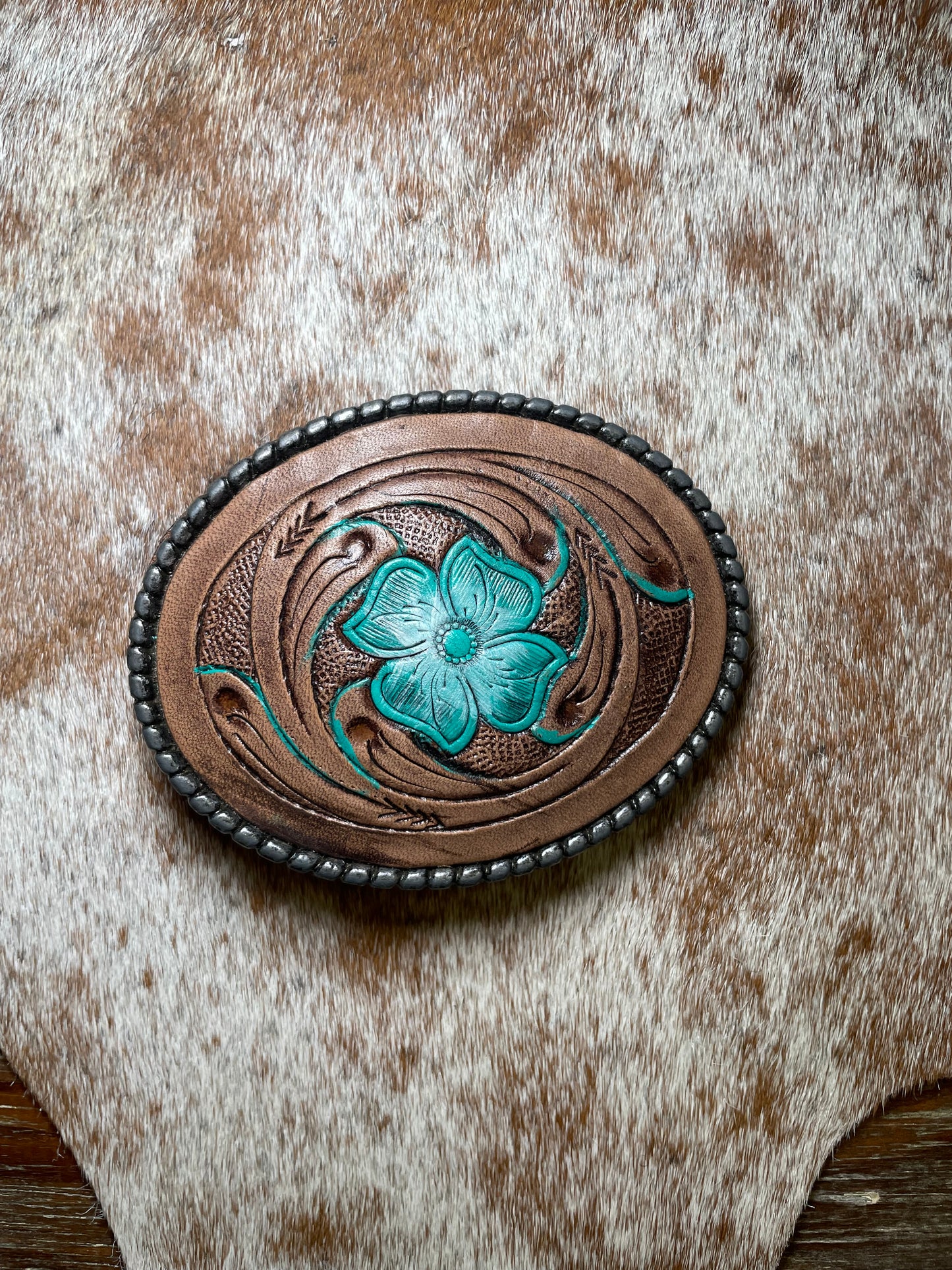 Tooled Leather Belt Buckle