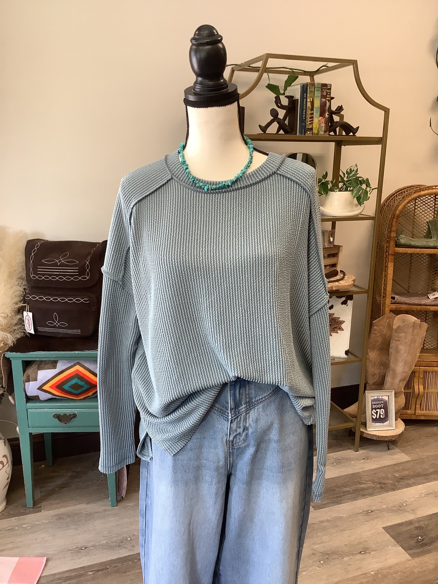 Raw Edge Ribbed Long Sleeve Tee // Ice