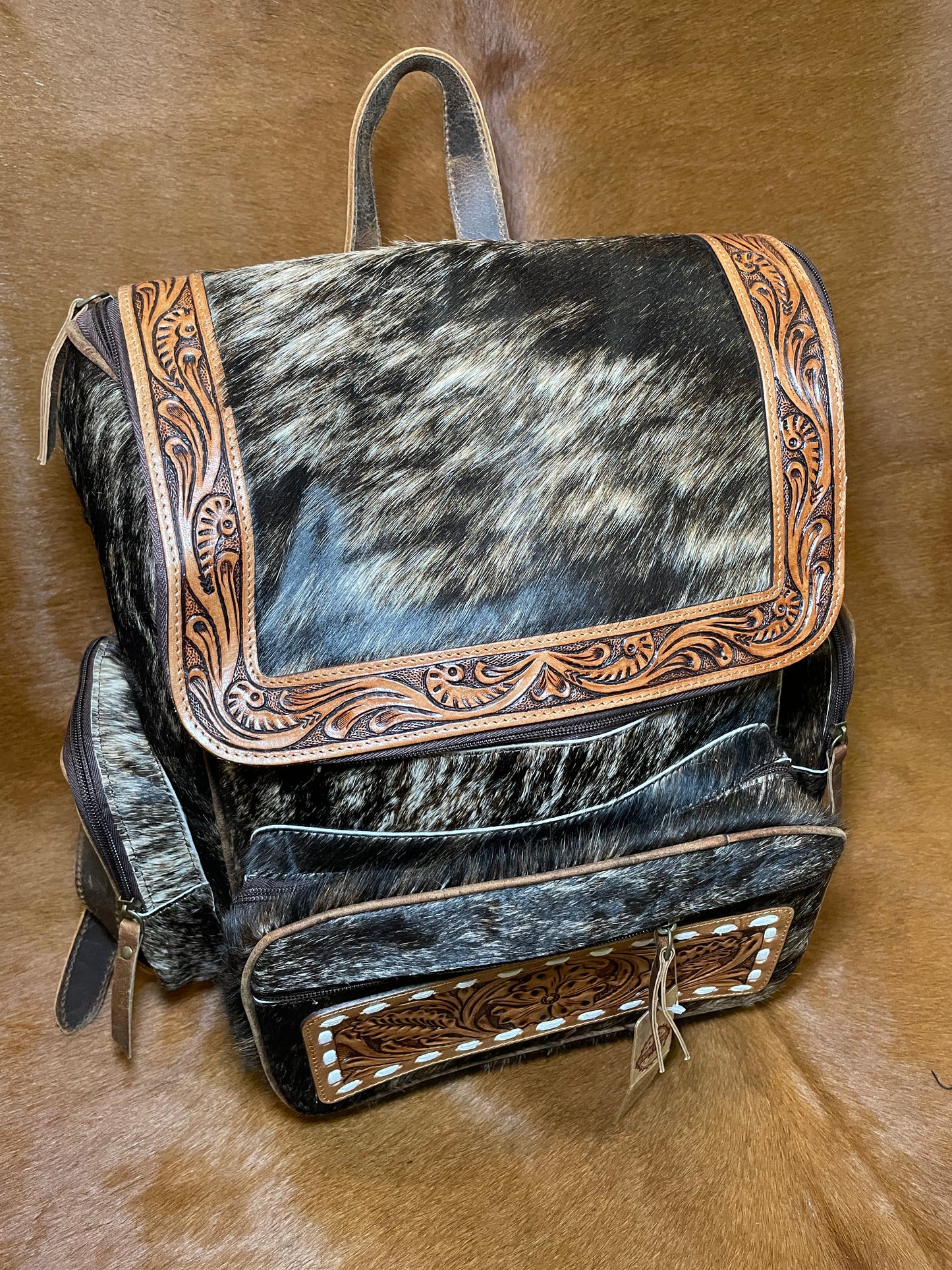 Tooled Leather Trimmed Cowhide Backpack