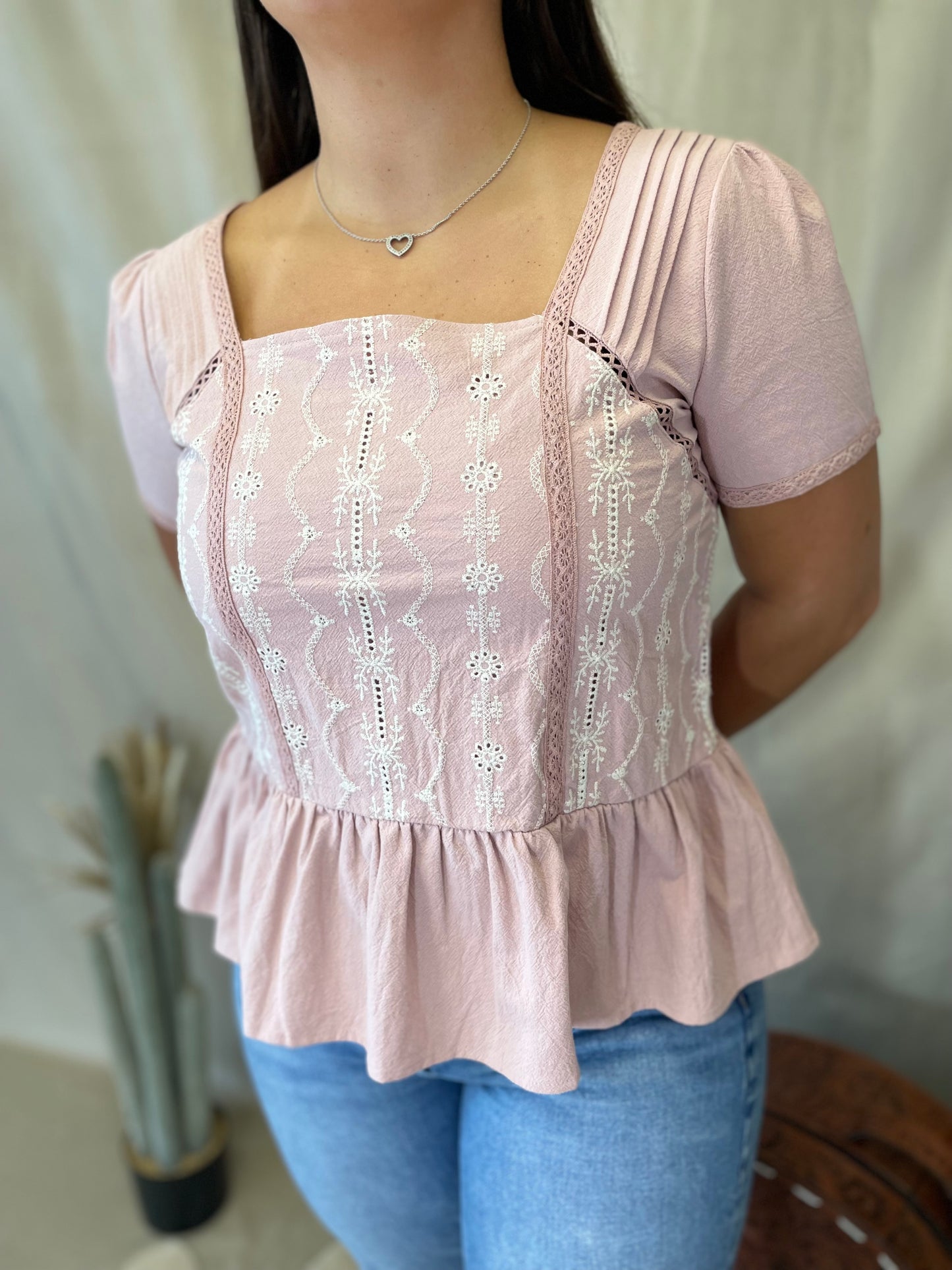 Luna Embroidered Babydoll Top in Dusty Rose