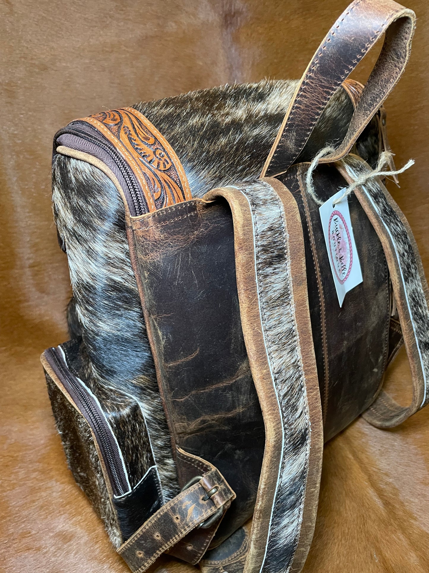 Tooled Leather Trimmed Cowhide Backpack