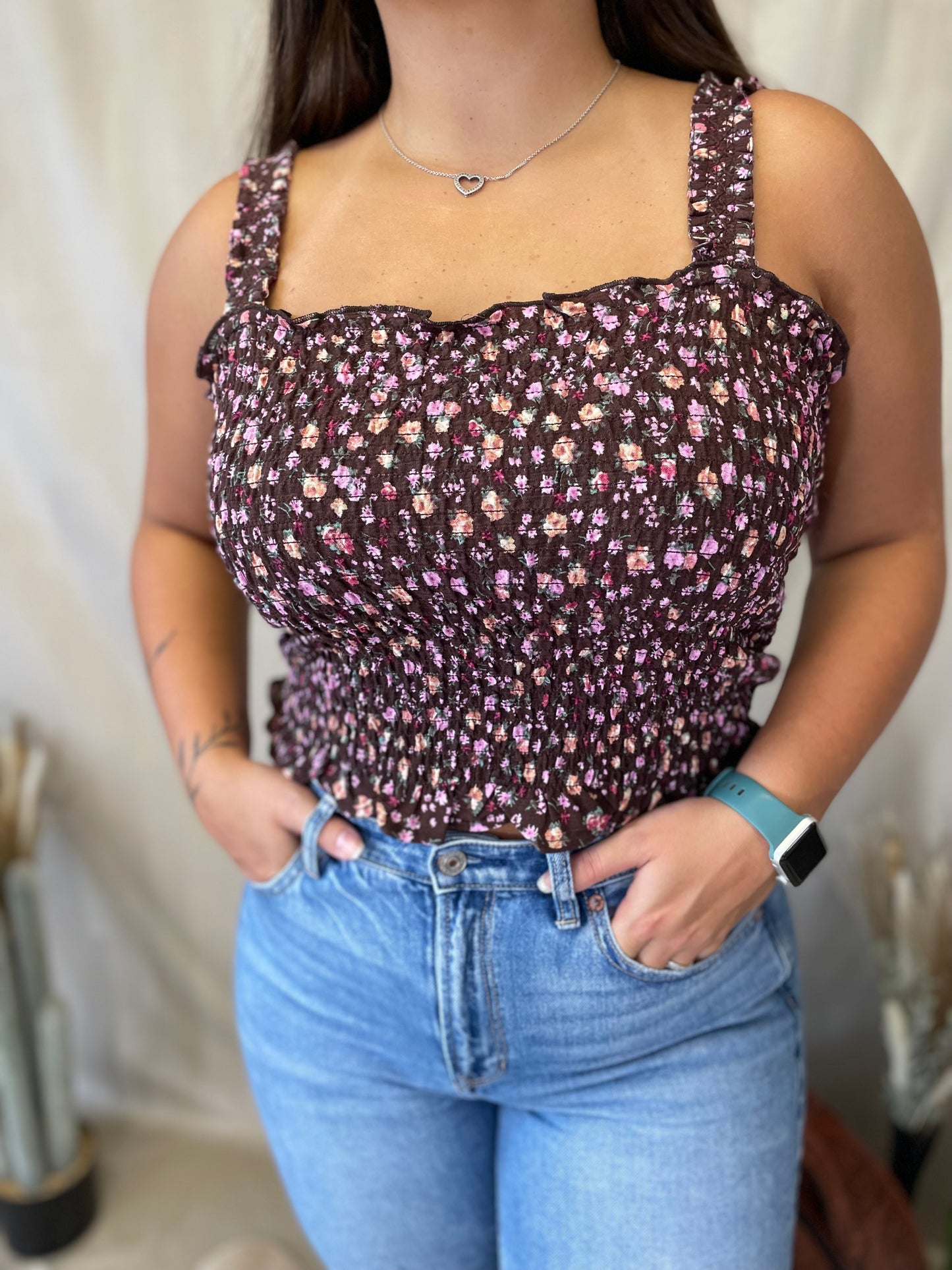 Midnight Blooms Burgundy Smocked Tank Top