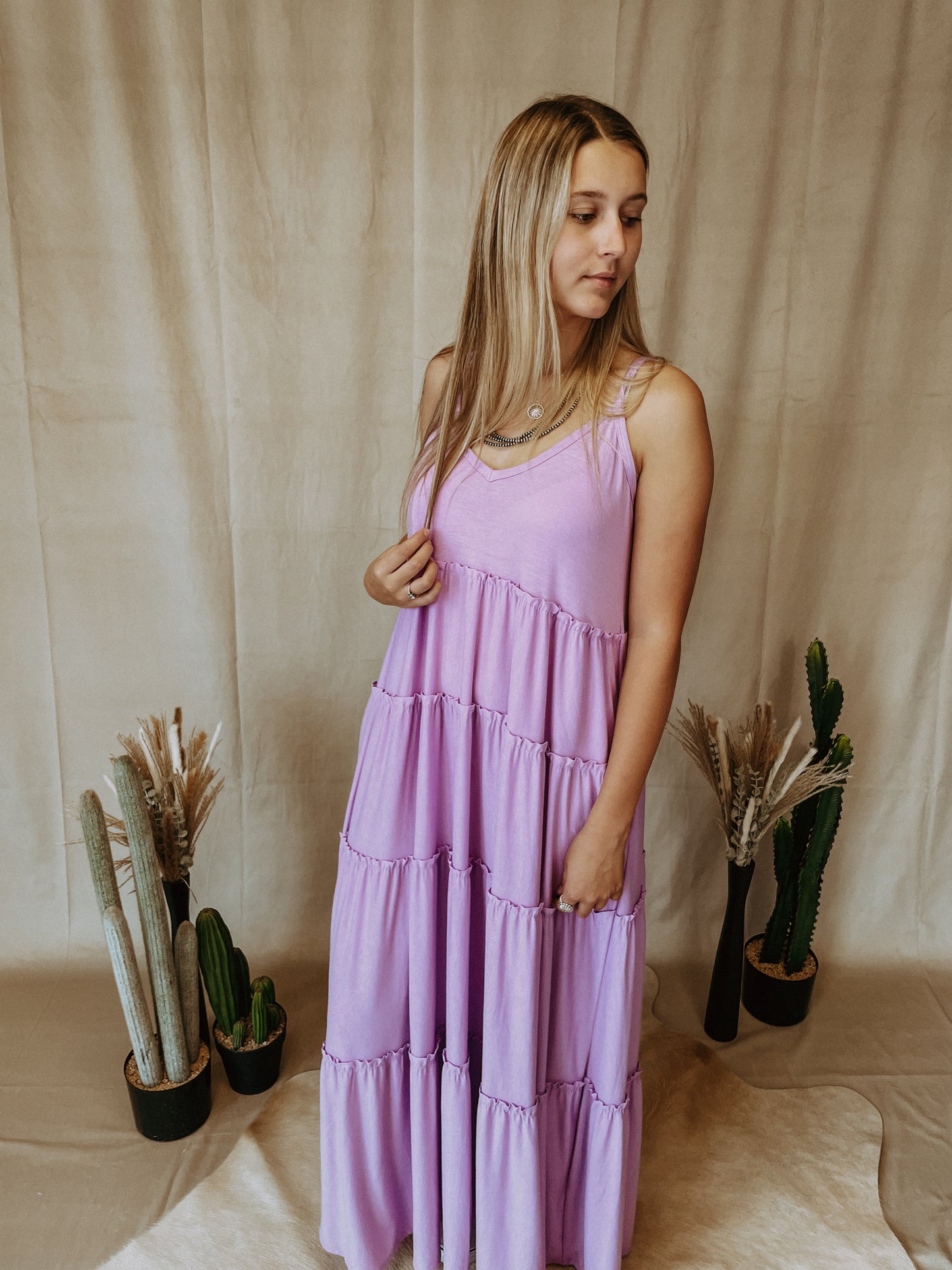 Basic Tiered Adjustable Strap Maxi Dress in Purple