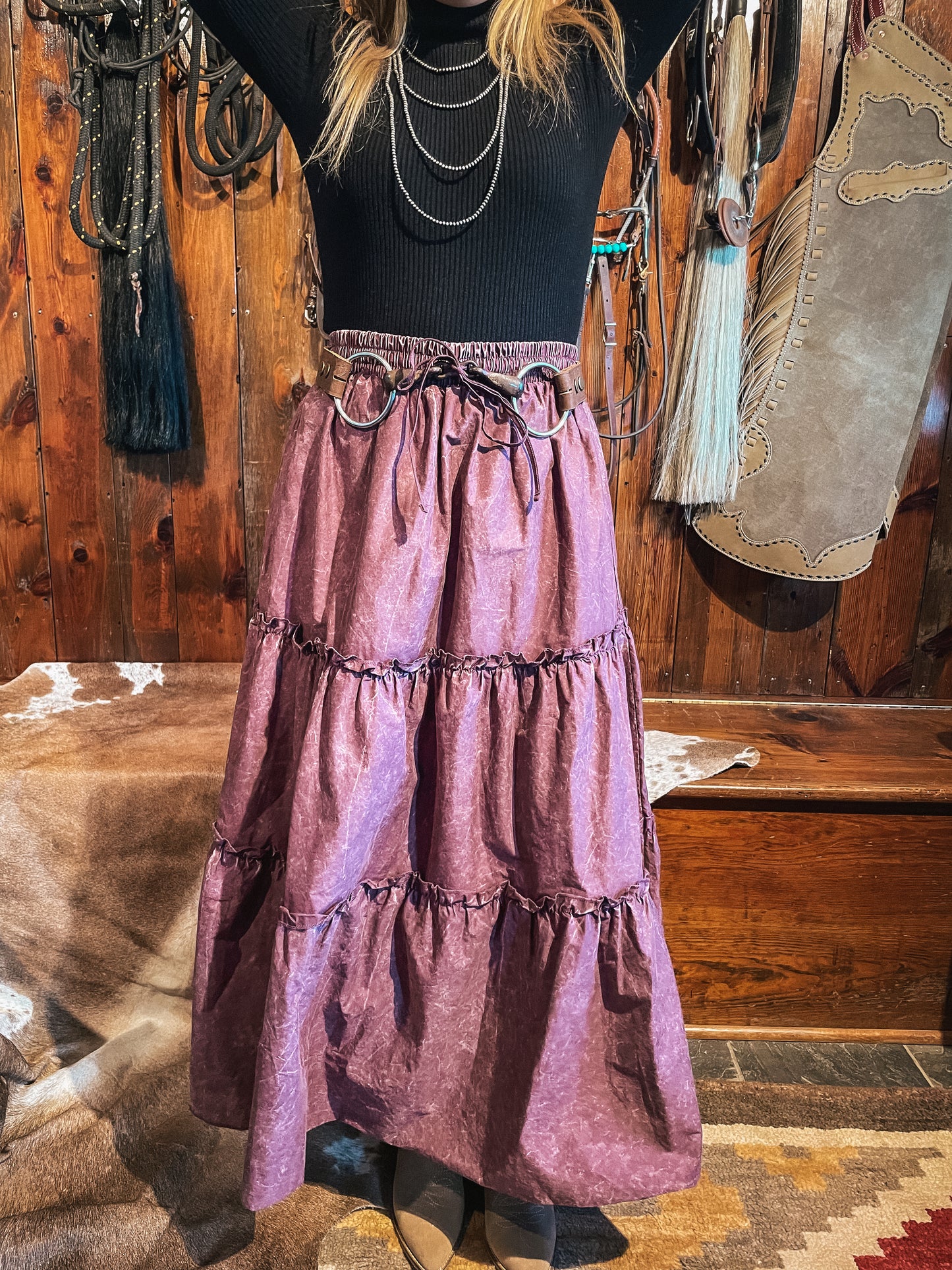 Western Prairie Tiered Skirt in Plum