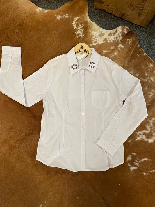 Layering Button Down with Horse Shoe Embroidery