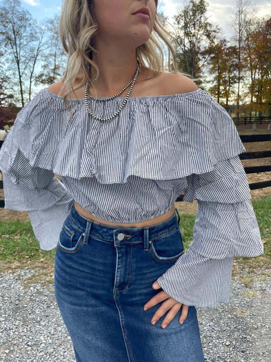 Cropped Pinstriped Ruffle Blouse