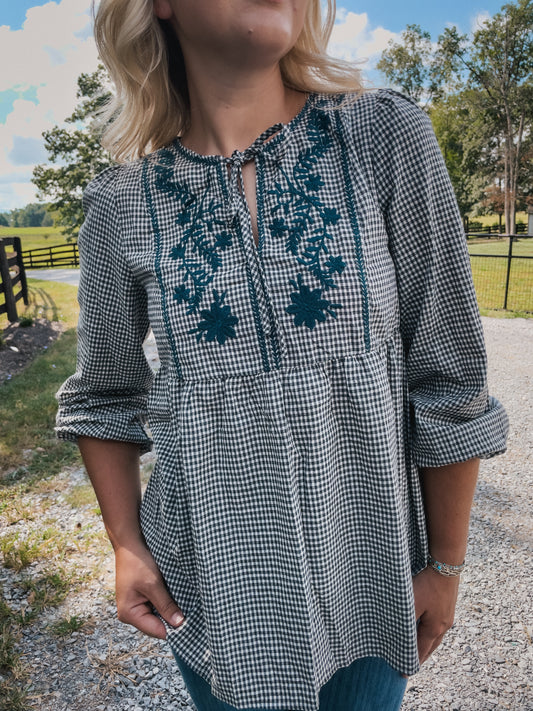 Jayce Gingham Embroidered Top