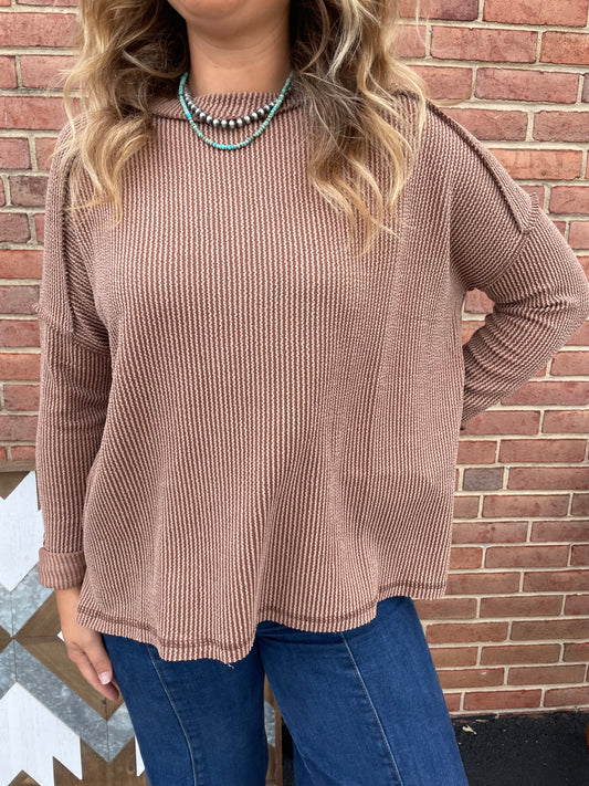 Raw Edge Ribbed Long Sleeve Tee // Mocha