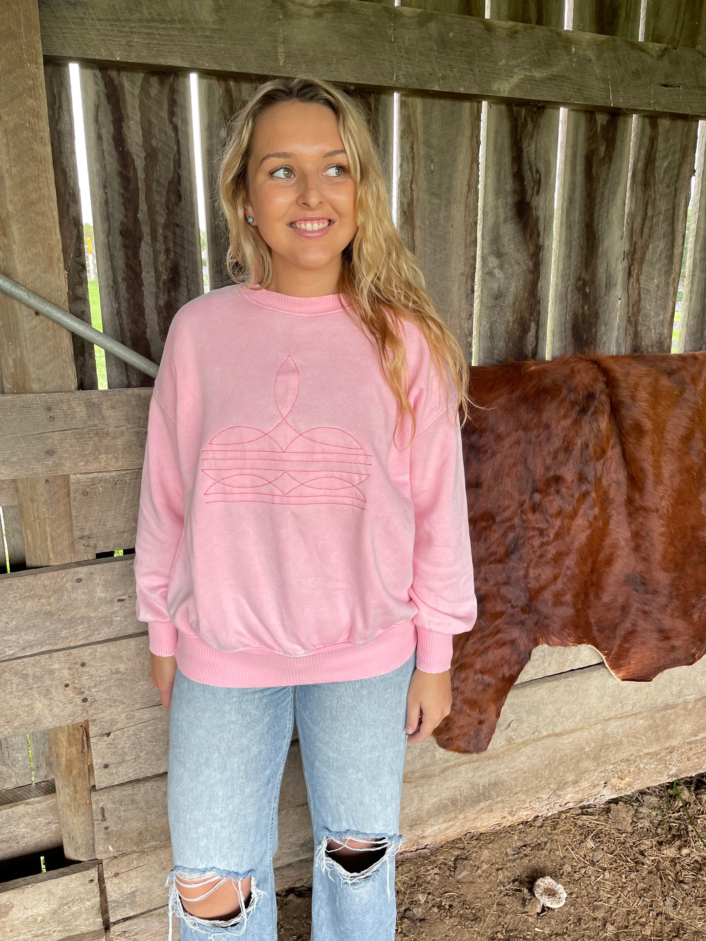 Boot Stitch Crewneck Sweatshirt in Pink