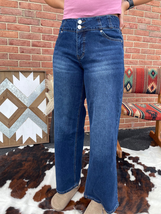 Roan Wide Leg Double Button Jeans // Dark Wash