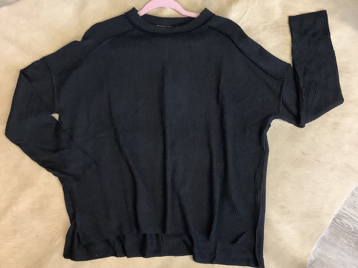 Raw Edge Ribbed Long Sleeve Tee // Black