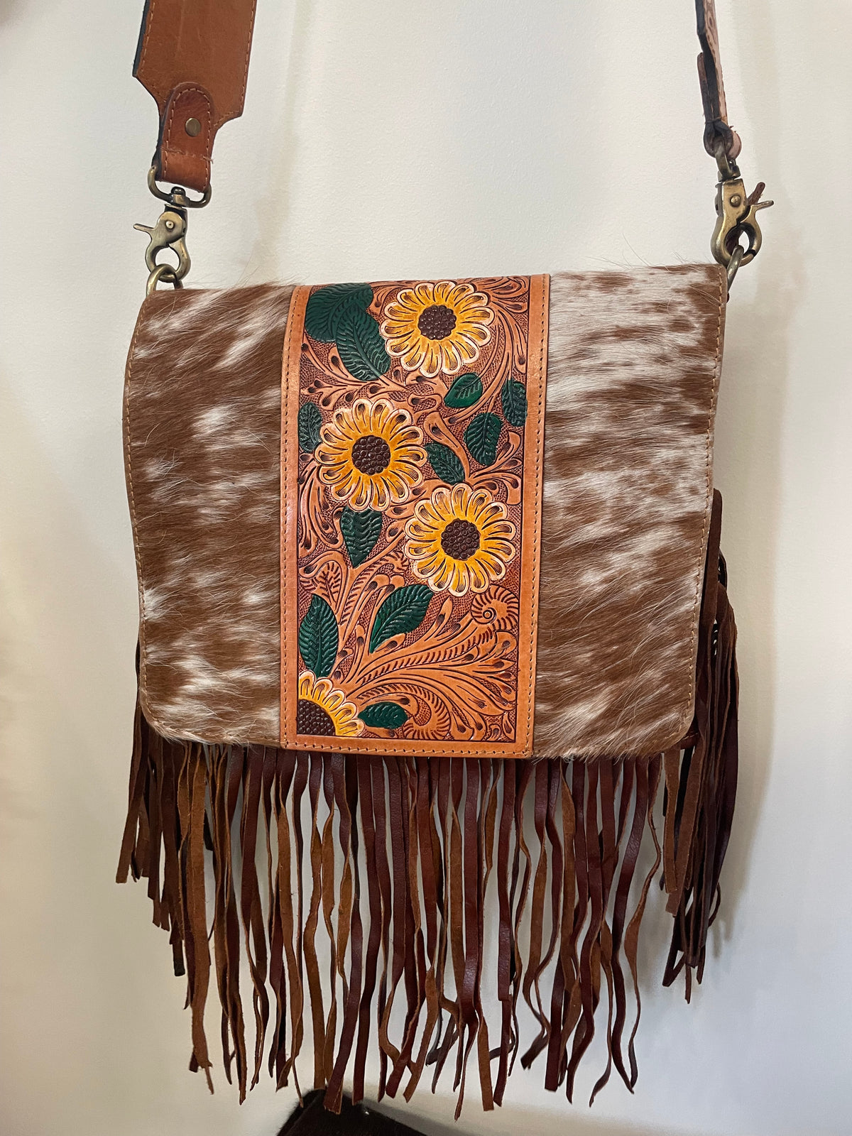 The Full Bloom Fringe Crossbody Bag // Cowhide + Tooled Leather