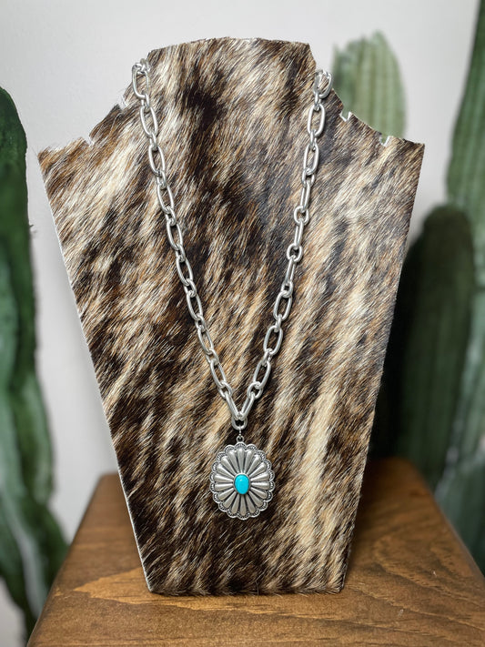 Chain Link Turquoise Concho Pendant Necklace