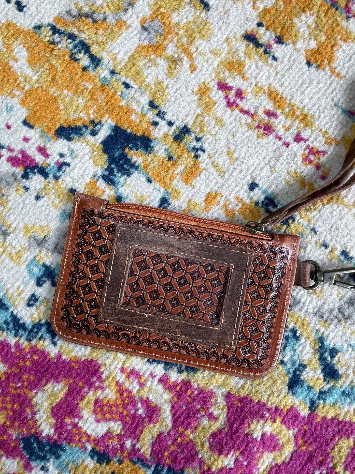 Turquoise Peace Sign Tooled Leather Card Wallet