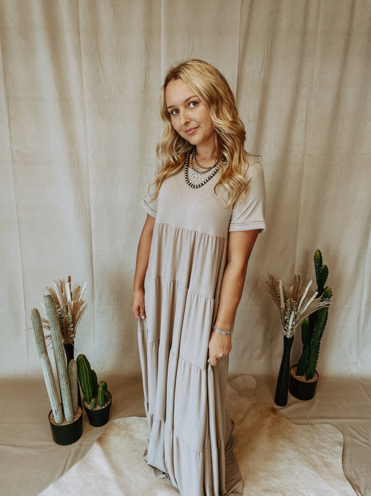 Basic Short Sleeve Maxi Dress in Taupe