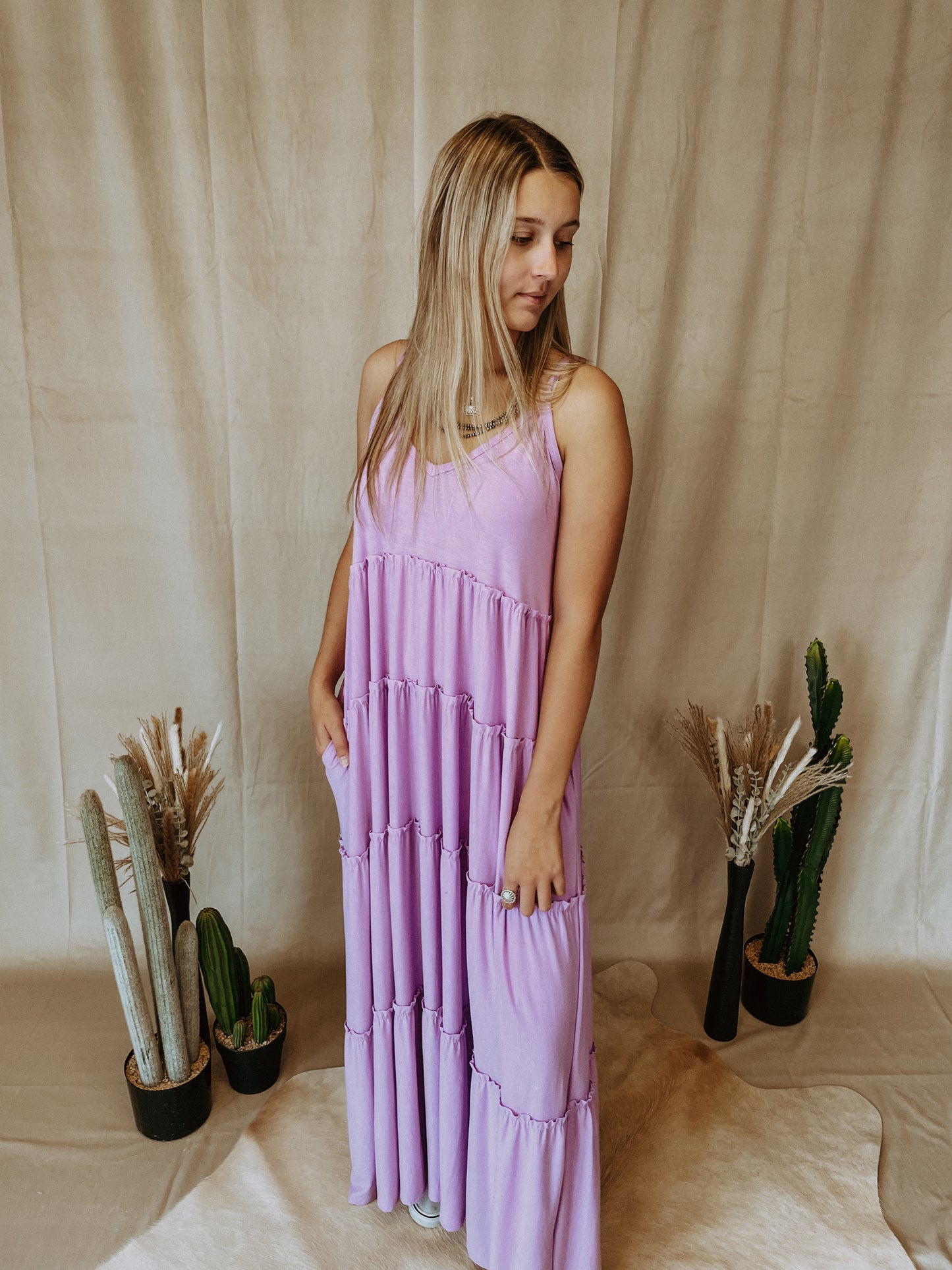 Basic Tiered Adjustable Strap Maxi Dress in Purple