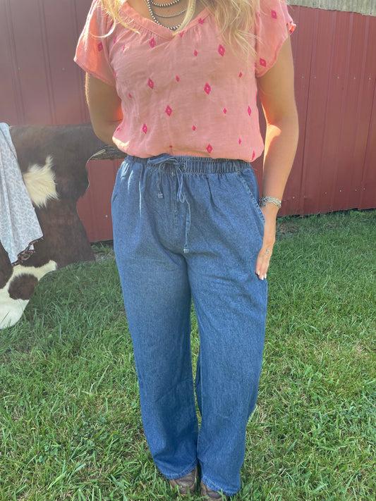 Flowy Denim Pants with Elastic Waistband