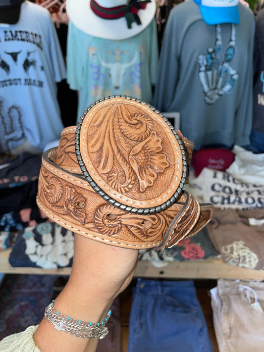 Floral Tooled Leather Belt