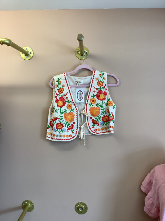 Boho Floral Embroidered Tie Front Vest