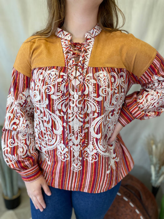 Rodeo Queen Striped Embroidered Top