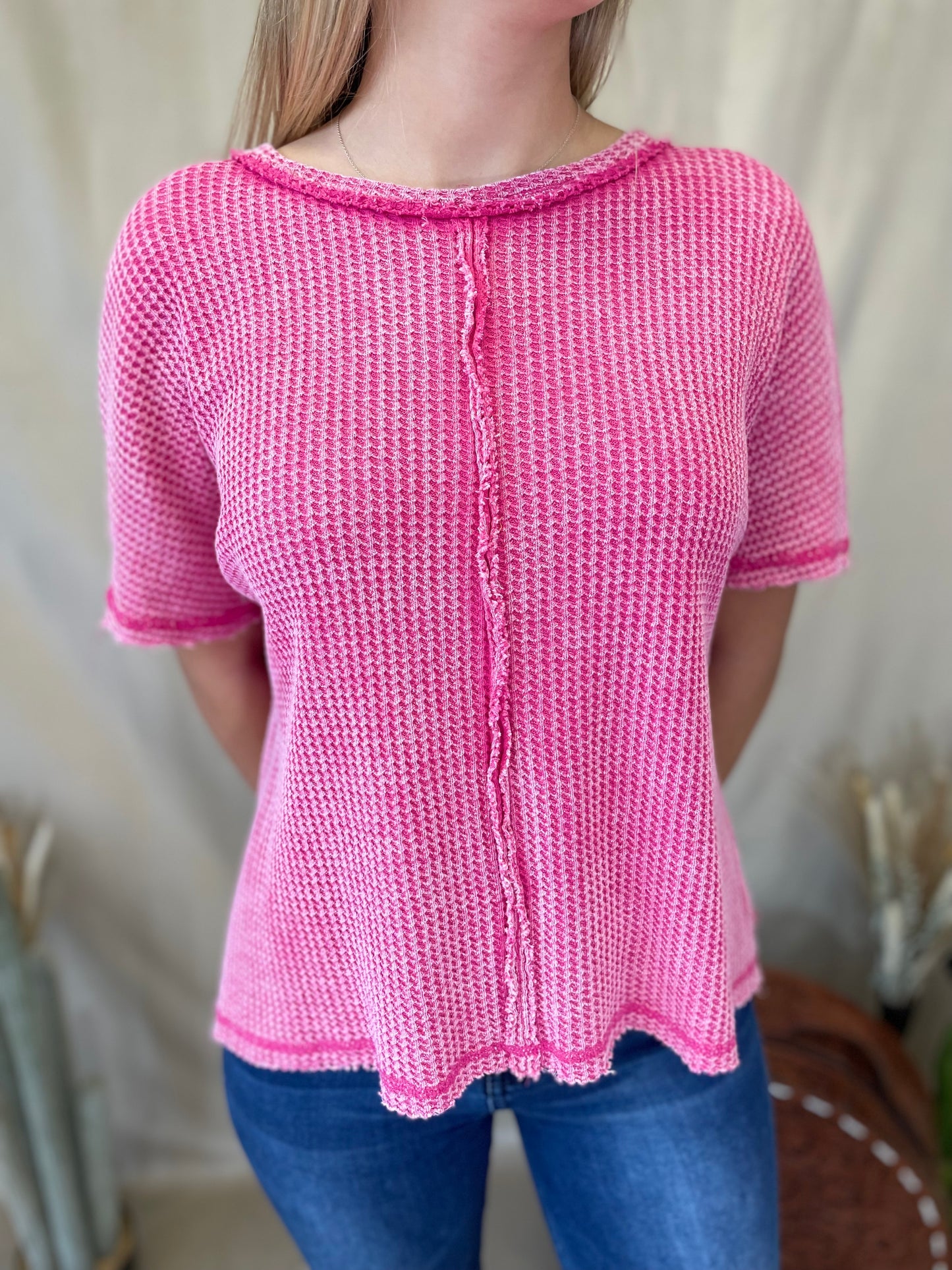 Raw Edge Waffle Knit Top in Pink