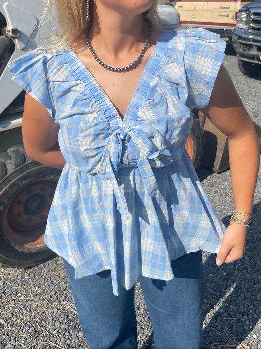 Blue Ribbon Bow Plaid Top
