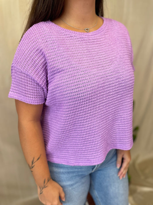 Basic Boxy Waffle Knit Top in Lilac