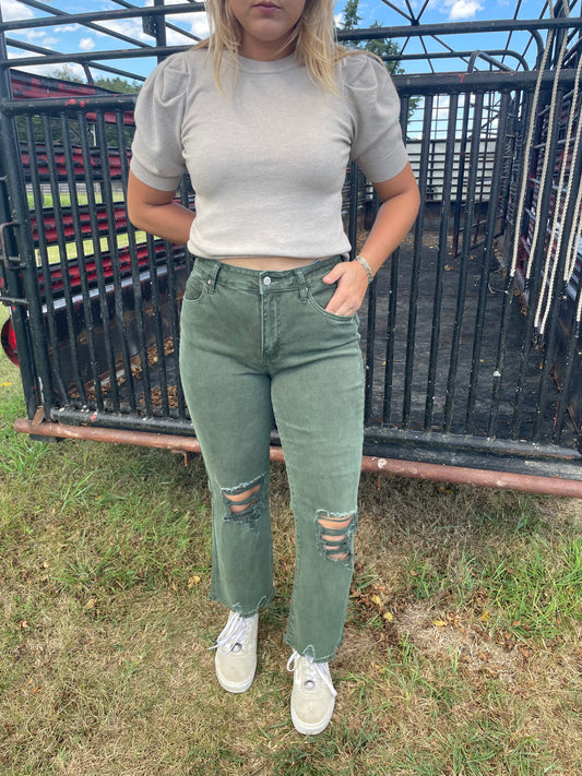 Annie Distressed Straight Leg Jeans in Olive