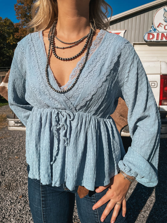 Boho Belle Surplice Lace Top in Powder Blue