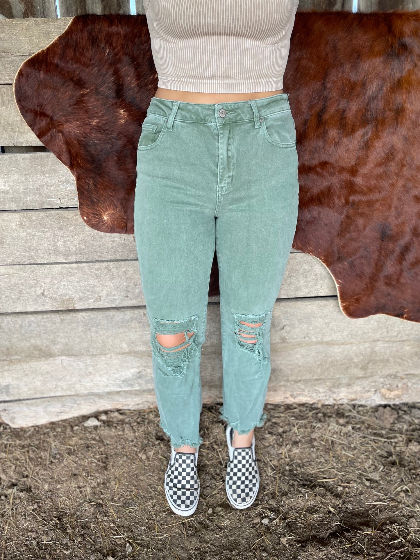 Annie Distressed Straight Leg Jeans in Sage