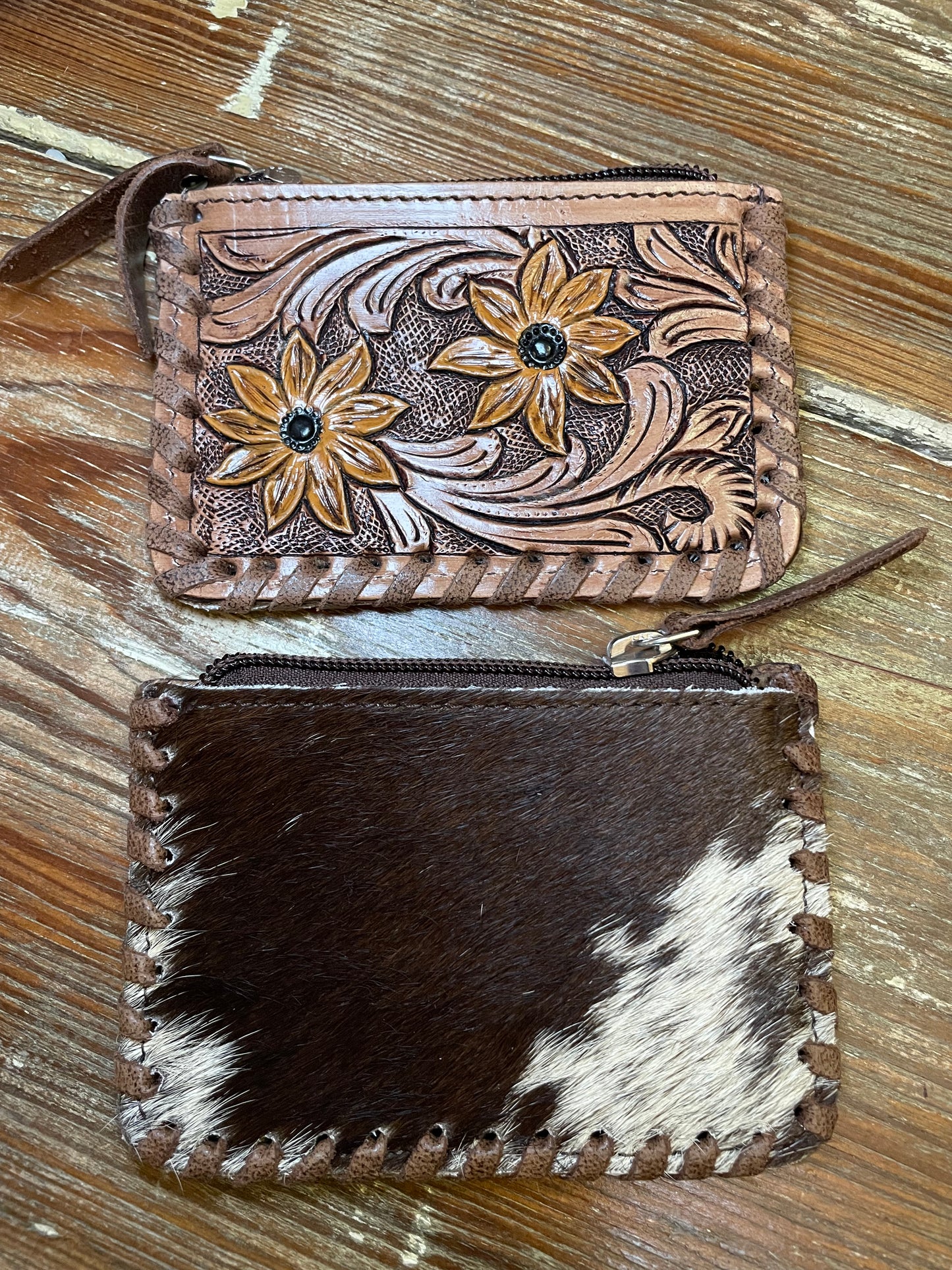 Sunflower Tooled Leather & Cowhide Coin Purse