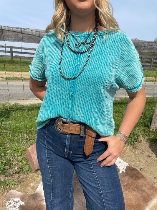 Boxy Raw Edge Waffle Knit Top in Turquoise