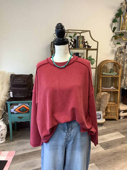 Raw Edge Ribbed Long Sleeve Tee // Wine