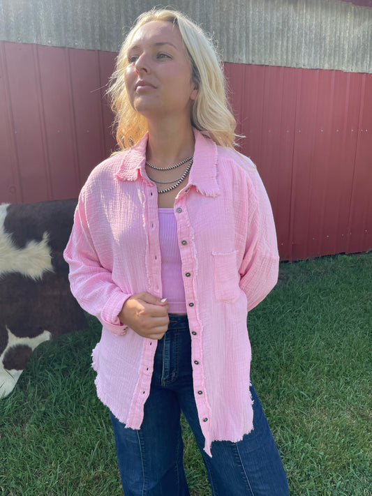 Basic Gauze Button-Up Shirt in Candy Pink