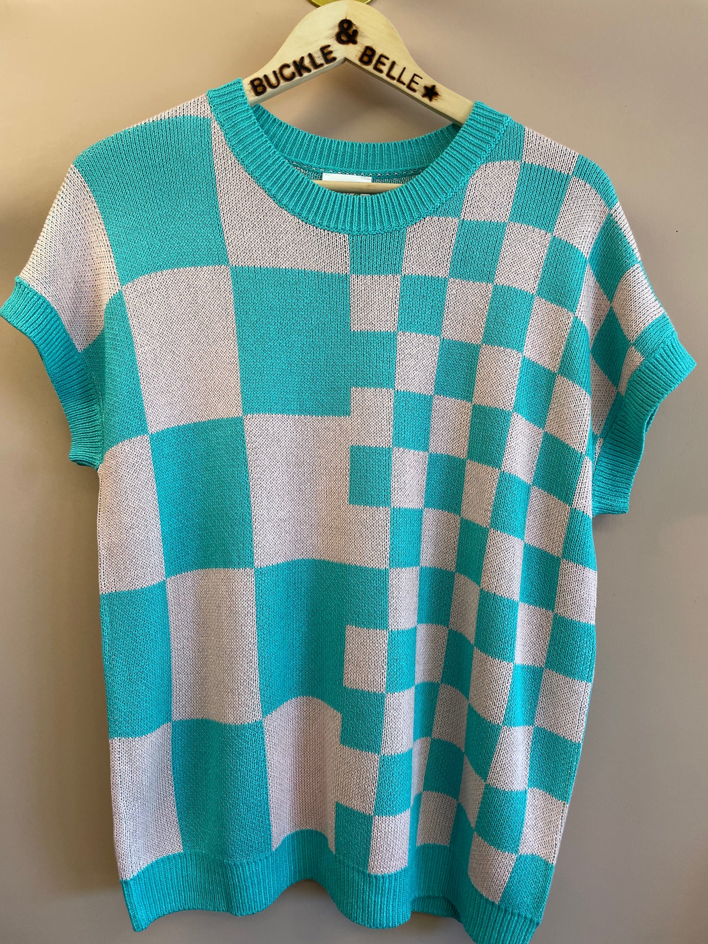 Checkered Short Sleeve Sweater // Turquoise