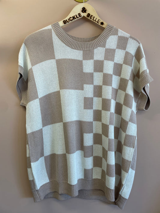 Checkered Short Sleeve Sweater // Taupe