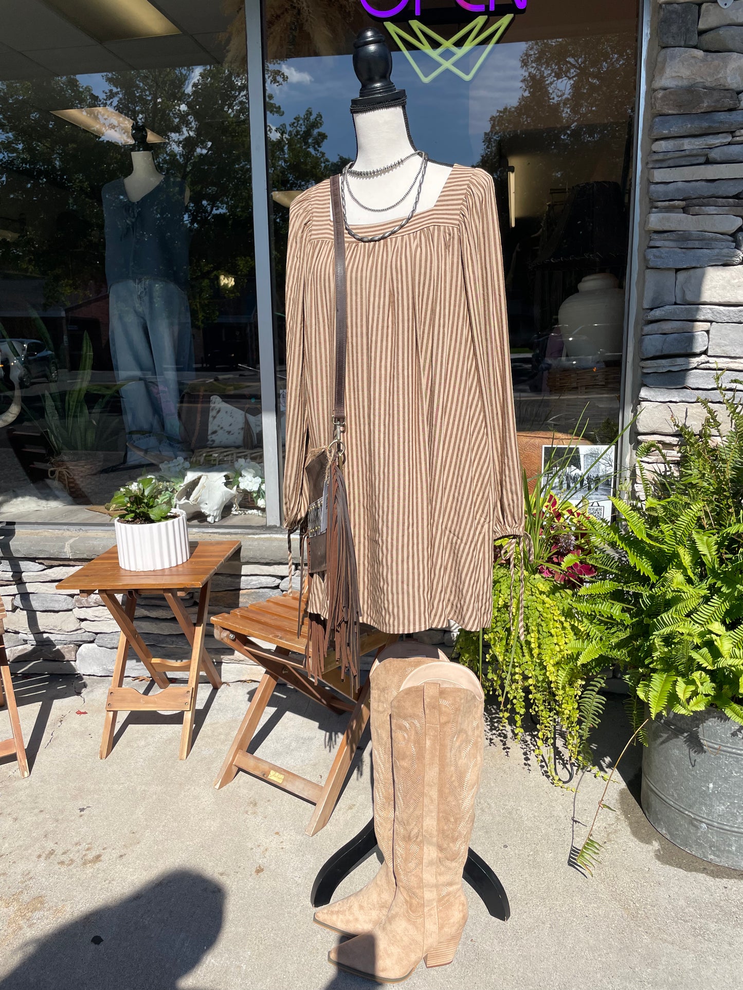 Striped Linen Feel Mini Dress // Latte