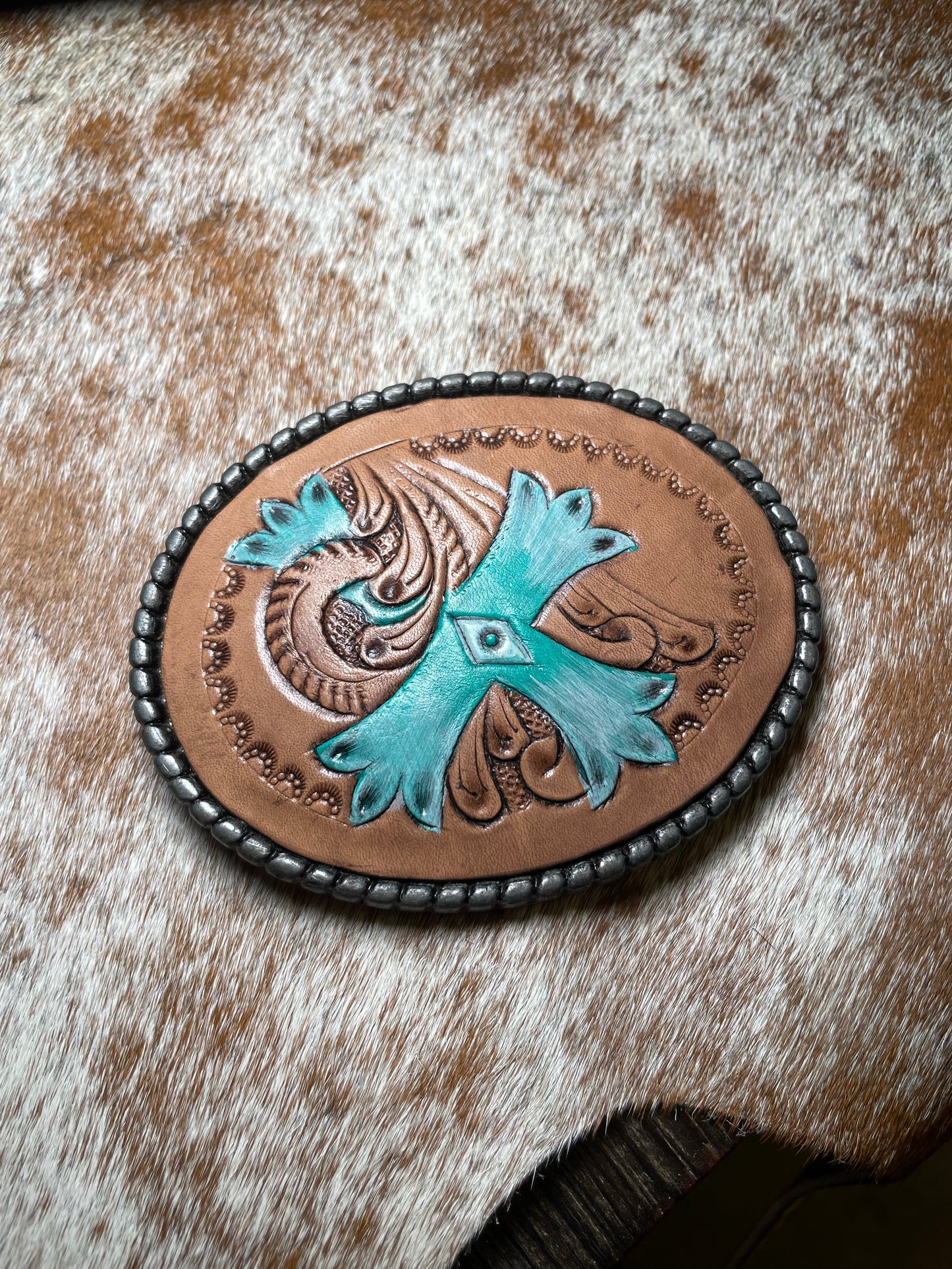 Tooled Leather Belt Buckle