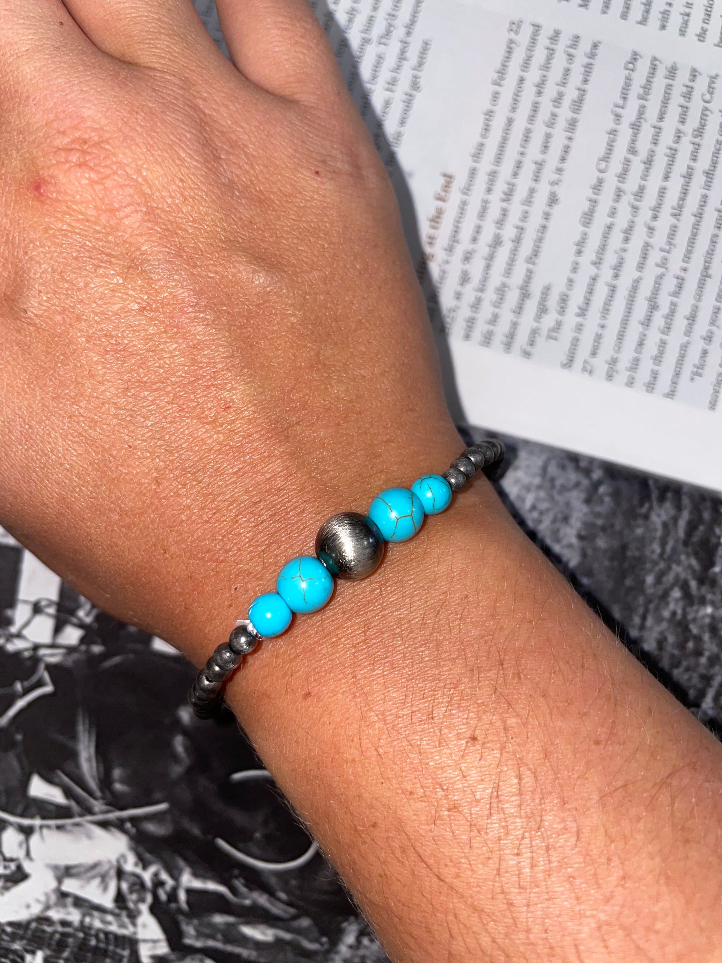 Tapered Turquoise & Navajo Pearl Stretch Bracelet