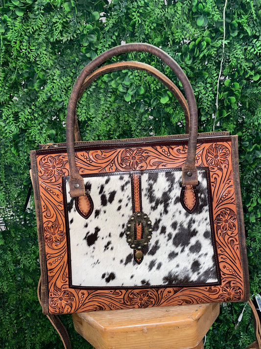Genuine Tooled Leather & Cowhide Tote Bag