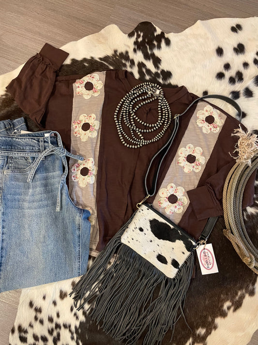 Casual Floral Appliqué Top // Chocolate