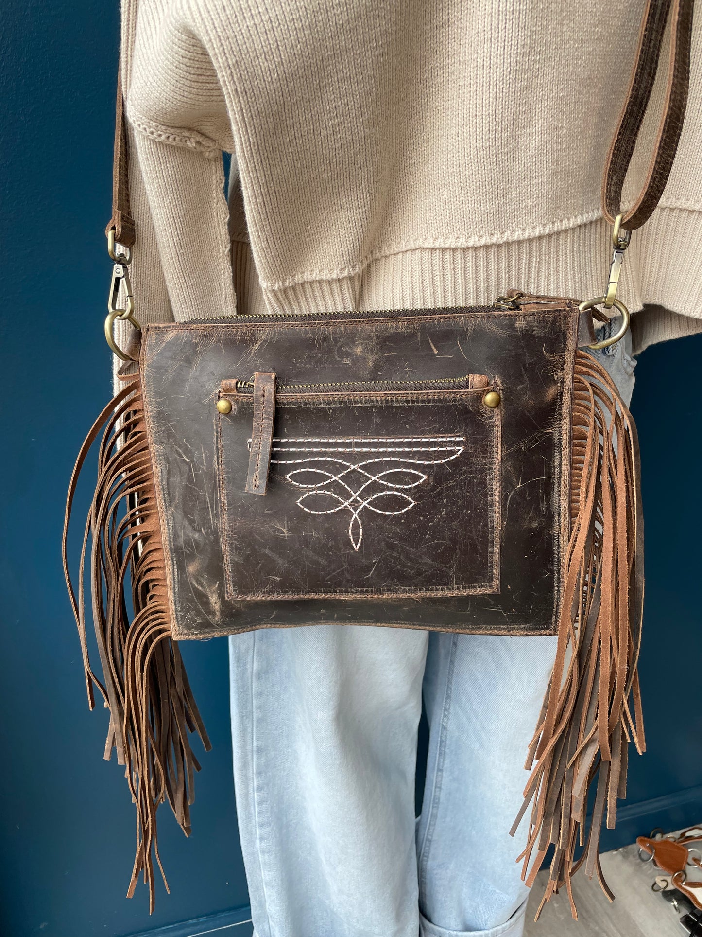 Wacey Distressed Leather Crossbody Purse // Studs + Fringe