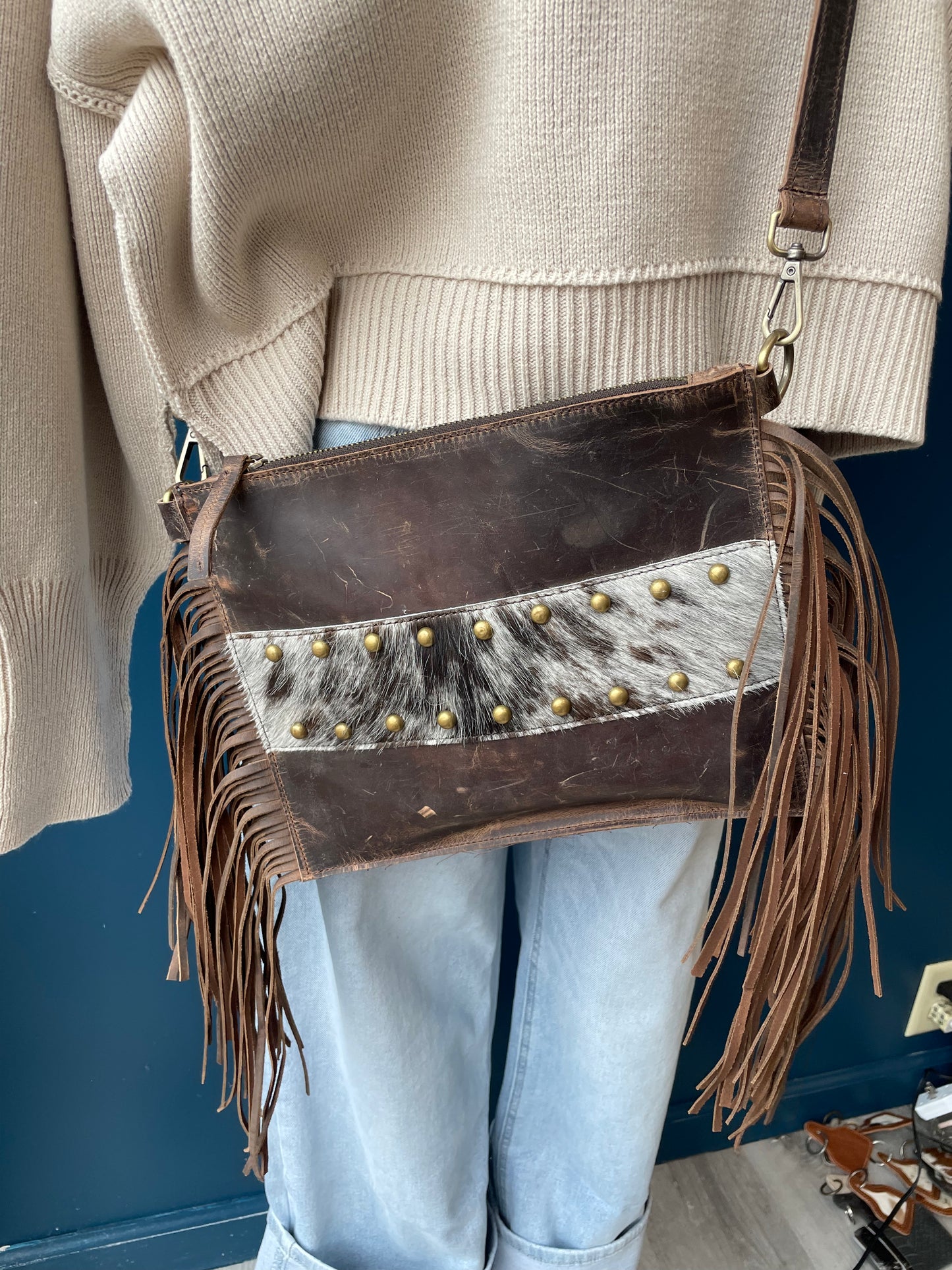 Wacey Distressed Leather Crossbody Purse // Studs + Fringe