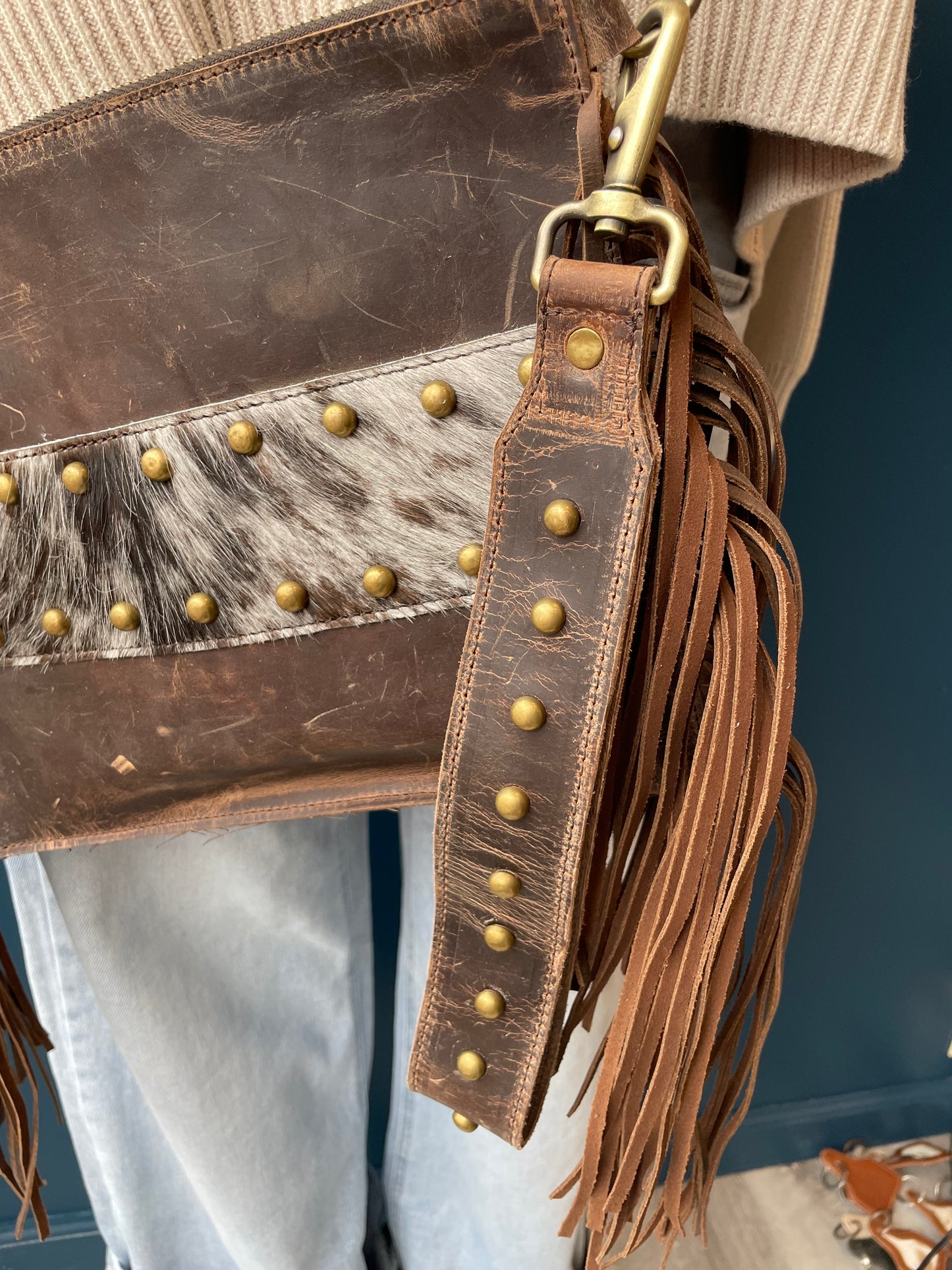 Wacey Distressed Leather Crossbody Purse // Studs + Fringe